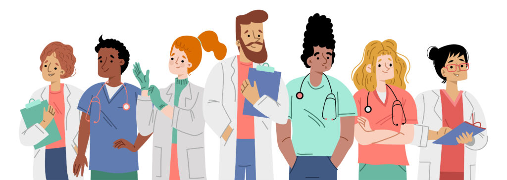 An illustration of 7 doctors and nurses